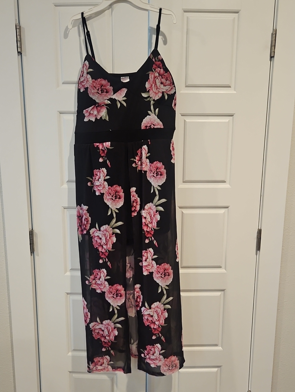 No Boundaries Black Jumpsuit with Pink Floral Print